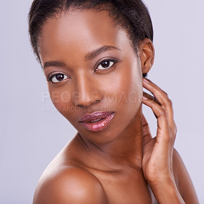 Buy stock photo Face, black woman and natural beauty, cosmetics and wellness with makeup on white background. Healthy glow, skincare and dermatology, model in portrait and facial for skin treatment in studio
