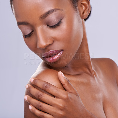 Buy stock photo Hands, touching skin and black woman with beauty, cosmetics and wellness with makeup on white background. Healthy glow, natural skincare and dermatology, satisfaction and calm for treatment in studio