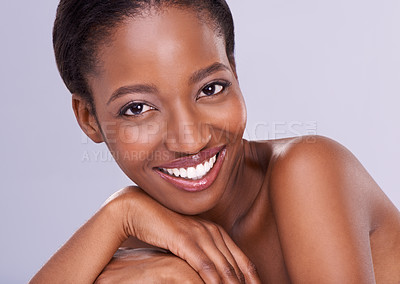 Buy stock photo Dermatology, skincare and portrait of black woman with smile, glowing skin and natural spa makeup in studio. Happy, beauty and luxury cosmetics with healthy face of girl isolated on grey background