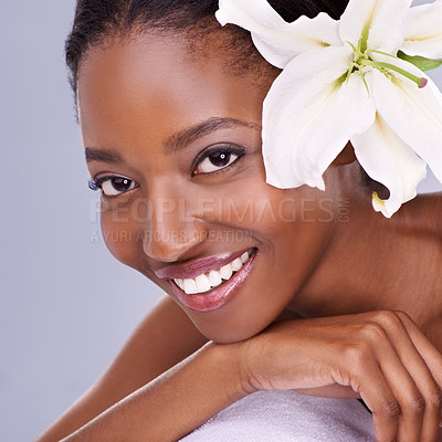Buy stock photo Black woman, happy in portrait and flower for beauty, organic cosmetics and natural skincare shine on white background. Healthy skin, wellness and self care with treatment, eco friendly and nature