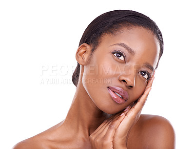 Buy stock photo Black woman, skin and thinking of beauty with hands, natural cosmetics and shine on white background. Dream, reflection and dermatology with wellness, skincare and antiaging for self care in studio