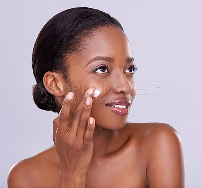 Buy stock photo Skincare, cream and black woman for beauty and dermatology, cosmetic product and shine on white background. Self care, lotion or sunscreen for moisturizer, antiaging with skin and facial in studio