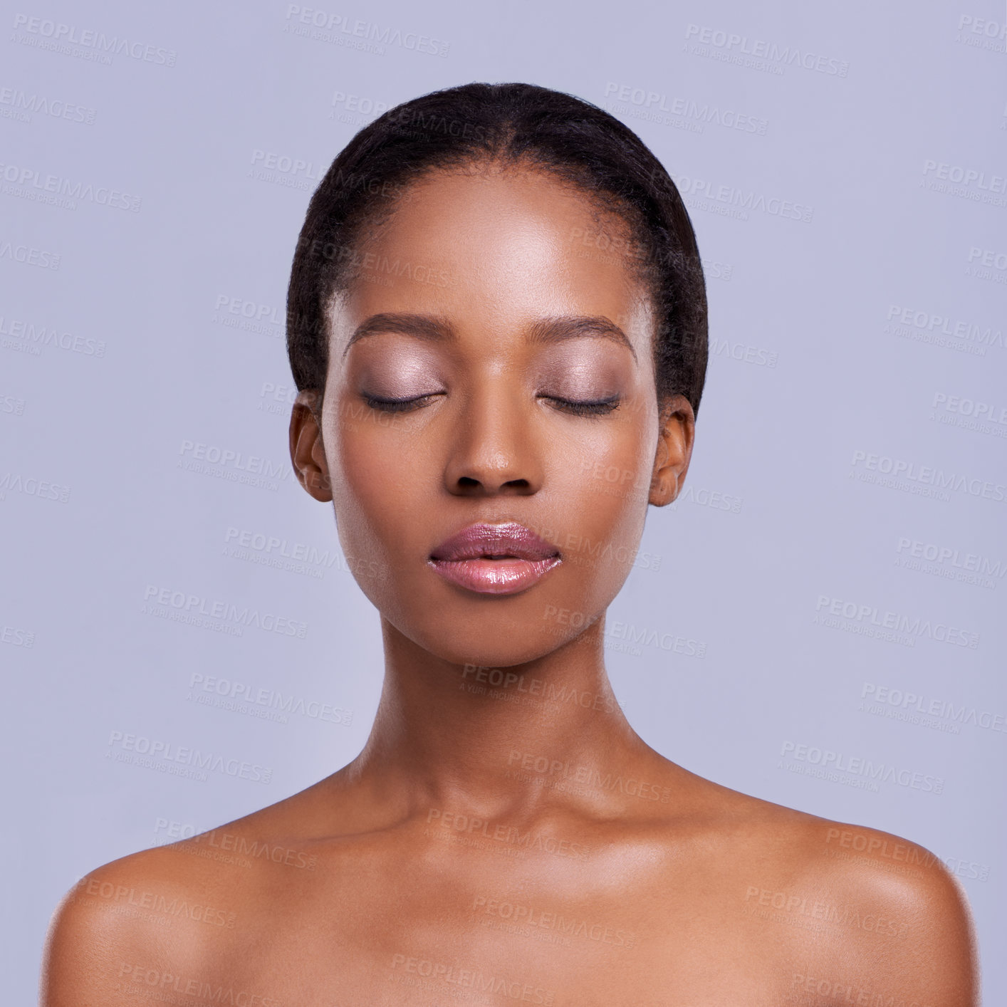 Buy stock photo Face, makeup and skin of black woman for beauty, healthy glow and natural cosmetics with wellness on grey background. Eyes closed, peace and calm for dermatology, antiaging and skincare in studio