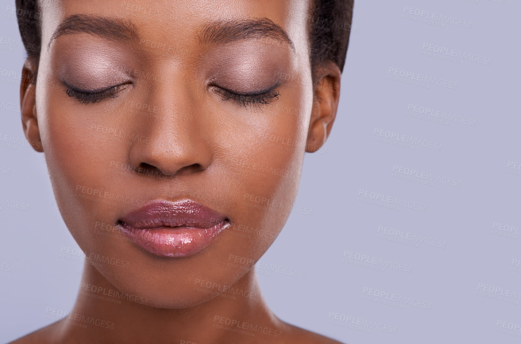 Buy stock photo Skincare, face and makeup, black woman with beauty and healthy glow, natural cosmetics for wellness on grey background. Eyeshadow, peace and calm for dermatology, antiaging and mockup space in studio