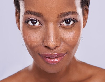 Buy stock photo Makeup, cosmetics and portrait of black woman with smile, glowing skin and natural spa skincare in studio. Happy, beauty and luxury dermatology with healthy face of girl isolated on grey background