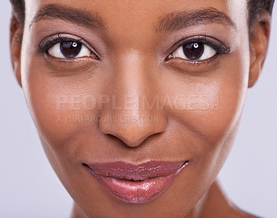 Buy stock photo Dermatology, beauty and portrait of black woman with smile, glowing skin and natural spa makeup in studio. Happy, skincare and luxury cosmetics with closeup face of girl isolated on purple background