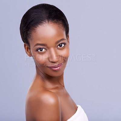 Buy stock photo Beauty, skincare and portrait of happy black woman with glowing skin, natural spa makeup and studio mockup. Smile, dermatology or luxury cosmetics with healthy face of girl on purple background space