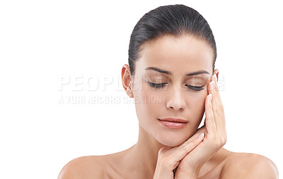 Buy stock photo Calm woman, skincare and relax with beauty, makeup or cosmetics on a white studio background. Face of female person, brunette or model in satisfaction for spa or facial treatment on mockup space