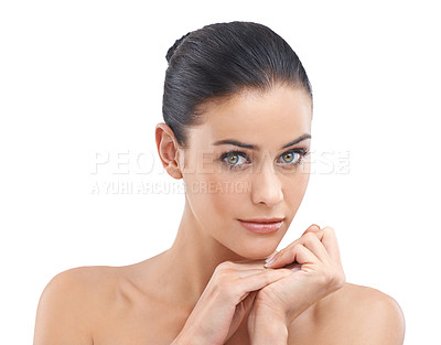 Buy stock photo Woman, portrait and skincare with beauty, makeup or cosmetics on a white studio background. Face of female person, brunette or model in satisfaction for salon, spa or facial treatment on mockup space