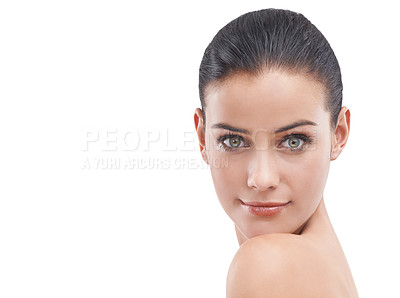 Buy stock photo Happy woman, portrait and beauty with makeup, cosmetics or skincare on a white studio background. Face of female person, brunette or model with smile in satisfaction for cosmetology on mockup space