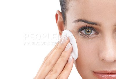 Buy stock photo Woman, hand and pad with makeup, beauty or cosmetics for removal on a white studio background. Closeup, portrait or face of female person or model with cotton for facial treatment on mockup space