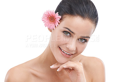 Buy stock photo Cropped portrait of a beautiful young woman isolated on white