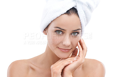 Buy stock photo Woman, portrait and towel for skincare in studio with beauty, dermatology and hair care on a white background. Face of a young model or person with cloth for hygiene, bathroom routine or dermatology