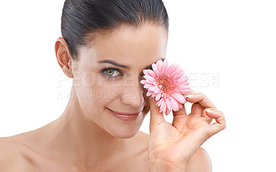 Buy stock photo Cropped portrait of a beautiful young woman isolated on white