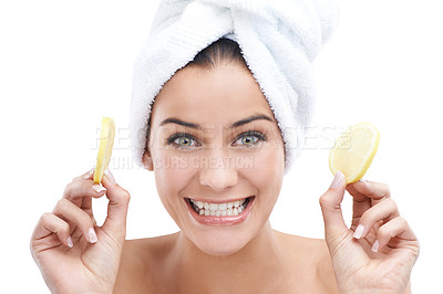 Buy stock photo Woman, skincare and lemon with happy portrait for facial beauty, cosmetics and natural wellness in studio. Face of a young model and fruits with dermatology, makeup and towel on a white background 