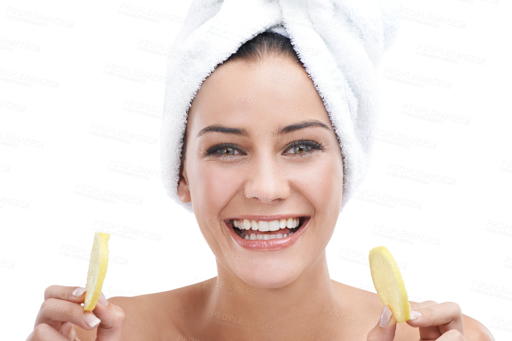 Buy stock photo Woman, skin care and lemon in happy portrait for facial beauty, cosmetics and natural wellness in studio. Face of a young model and fruits with dermatology, makeup and towel on a white background 