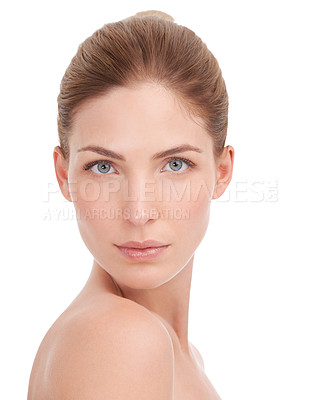Buy stock photo Woman, skincare and wellness in studio portrait with glow, cosmetics and healthy by white background. Girl, person or model with facial skin, beauty and shine with change, dermatology or aesthetic
