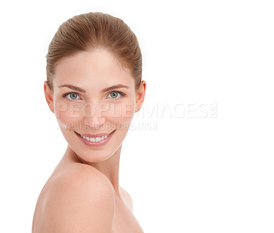 Buy stock photo Woman, studio and portrait with facial skincare for glow, cosmetics and healthy by white background. Girl, person or model with skin wellness and shine with change, dermatology or aesthetic mockup