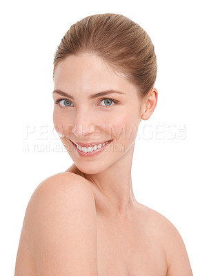 Buy stock photo Woman, studio and portrait with facial beauty for glow, cosmetics and healthy skin by white background. Girl, person or model with wellness, skincare and shine with change, dermatology or aesthetic