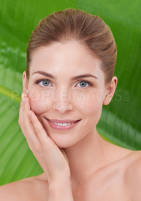 Buy stock photo Woman, skincare and portrait with leaves, palm tree and sustainability for organic cosmetics. Girl, person or model with plants for wellness, touch or glow with dermatology for facial skin for beauty