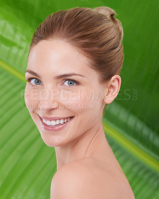 Buy stock photo Woman, beauty and portrait with leaves, skincare or sustainability for organic cosmetics. Girl, person or model with palm tree, plants or wellness with transformation for glow with facial dermatology