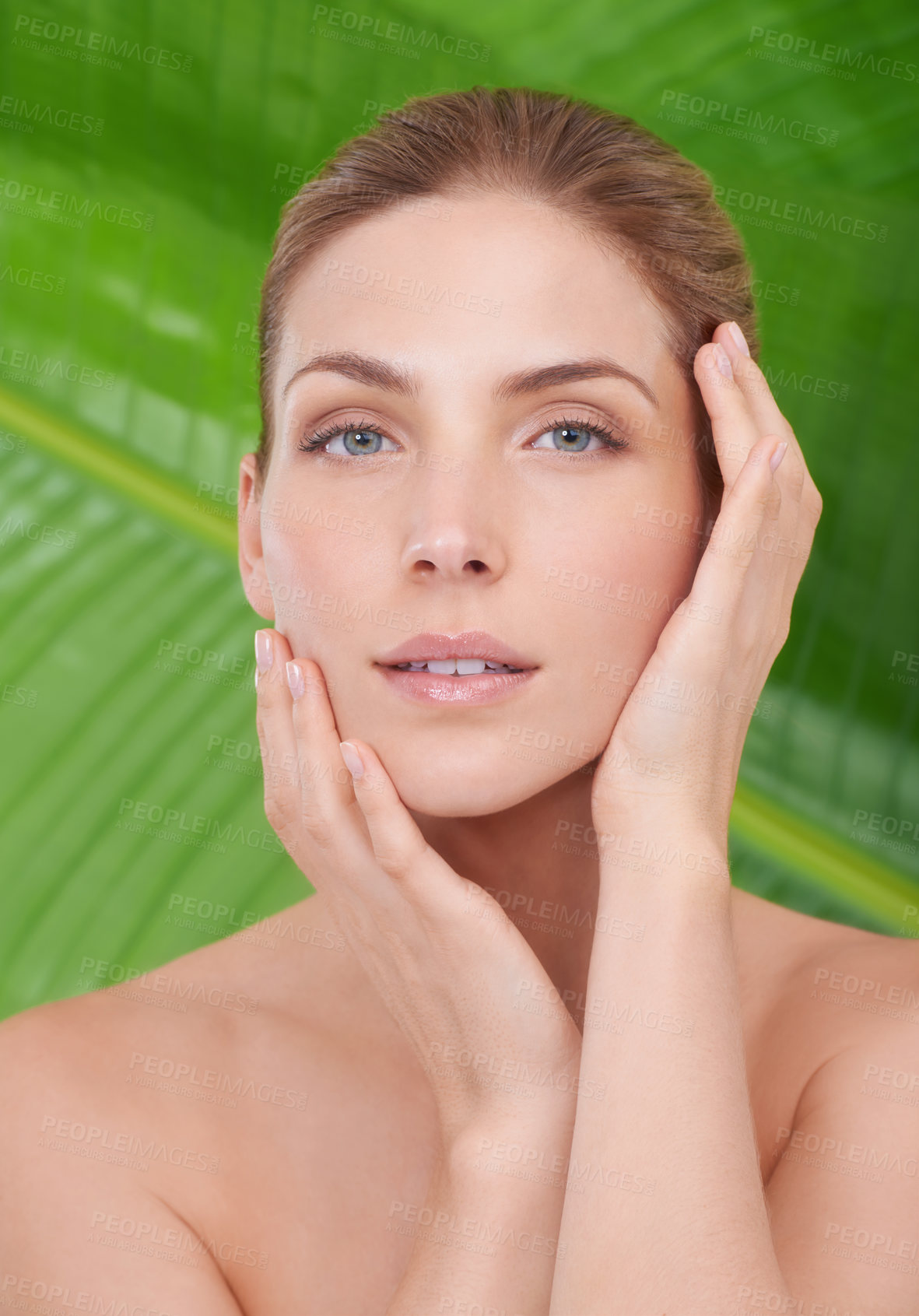 Buy stock photo Woman, skincare and portrait with beauty, plants and sustainability for organic cosmetics. Girl, person or model with palm tree for wellness, touch or glow with dermatology for facial skin by leaves
