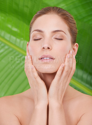 Buy stock photo Cropped shot a beautiful woman with her eyes closed against the backdrop of palm leaves