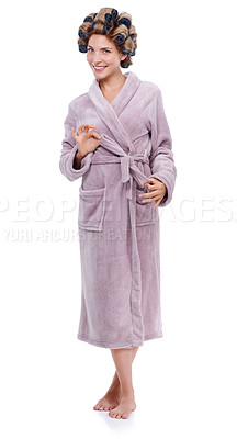 Buy stock photo Portrait, hair and bathrobe with woman curling in studio isolated on white background for pampering. Smile, beauty and wellness with happy young person in bathroom to relax for haircare treatment