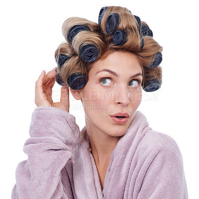 Buy stock photo Woman, studio and hair rollers with robe, excited and model  for beauty, idea and thinking. Female person, white background and thrilled for haircare, glow up and wellness in curlers treatment