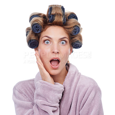 Buy stock photo Studio shot of a woman in a bathrobe and curlers