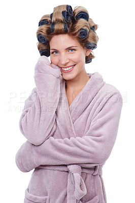 Buy stock photo Portrait, hair and woman with curlers for hairstyle, routine and smiling in studio for pamper. Female person, cosmetic treatment and rollers for grooming, white background and tools for beauty