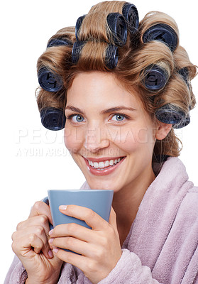 Buy stock photo Portrait, coffee and hair with woman curling in studio isolated on white background for salon treatment. Face, smile and beauty with happy young person in bathrobe for cosmetics, pamper and haircare