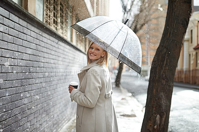 Buy stock photo Umbrella, city street portrait and woman in rain with happiness on a sidewalk from winter weather. Happy female person, raining and travel on a urban road outdoor in New York on holiday with joy