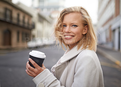 Buy stock photo Happy, city and face of woman with coffee for commute, walking and journey in urban town. Travel, fashion and person with beverage, drink and cappuccino in trendy clothes, outfit and style in street
