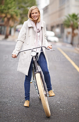 Buy stock photo Woman, portrait and city with vintage bicycle for eco friendly transport with smile, pride and outdoor. Girl, person and retro bike on street, road and travel with sustainability in Cape Town metro