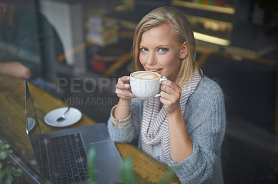 Buy stock photo Coffee shop, laptop and portrait of woman with drink in window online for internet, website and research. Happy, relax and girl on computer for freelance career, remote work and email with cappuccino