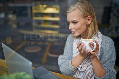 Buy stock photo Coffee shop, laptop and woman online for remote work in window for internet blog, website and research. Restaurant, relax and girl on computer for freelance career, working and email with cappuccino