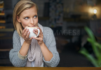 Buy stock photo Coffee shop, thinking and woman in window with drink, caffeine beverage and cappuccino for aroma. Happy, relax and person with mug in restaurant, cafe and diner for breakfast, break and wellness