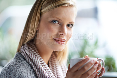 Buy stock photo Coffee shop, smile and portrait of woman with drink, caffeine beverage and cappuccino for aroma. Happy, relax and person with mug in restaurant, cafe and diner for breakfast, satisfaction or wellness