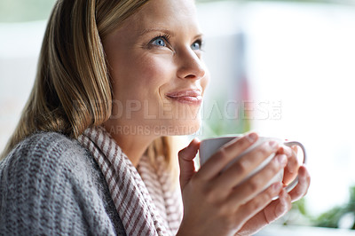 Buy stock photo Coffee shop, happy and face of woman with drink, caffeine beverage and cappuccino for aroma. Customer, relax and person with mug in restaurant, cafe and diner for breakfast, satisfaction and wellness
