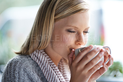 Buy stock photo Coffee shop, morning and woman drinking caffeine, warm beverage and cappuccino for aroma or scent. Happy, relax and person with mug in restaurant, cafe and diner for breakfast, calm and wellness