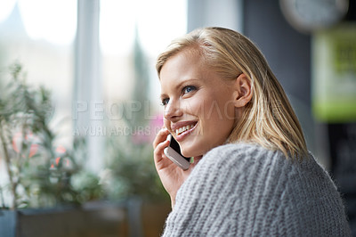 Buy stock photo Phone call, happy and woman in coffee shop for communication, social networking and talking. Restaurant, cafe and person on smartphone for conversation, connection and chatting online by window