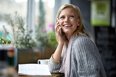 Buy stock photo Phone call, happy and woman with books in coffee shop for connection, social networking and talking. Restaurant, cafe and person on smartphone for conversation, communication and speak with beverage