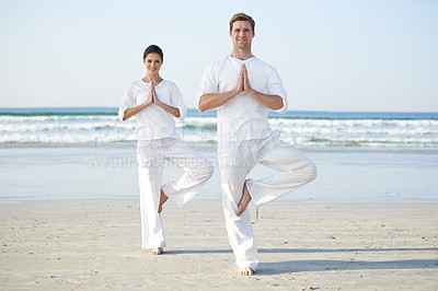 Buy stock photo Balance, yoga and couple on beach in morning for fitness, exercise and workout in standing pose. Nature, pilates and man and woman by ocean for meditation, wellness and healthy body outdoors together