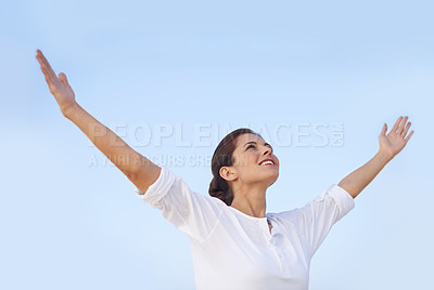 Buy stock photo Woman, freedom and happy outdoor with blue sky, arms out for worship or gratitude in nature. Praying, mindfulness and smile with wellness, healing and care free, faith or spiritual for peace of mind