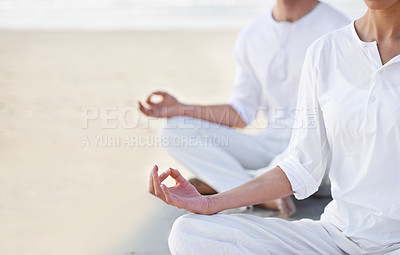 Buy stock photo Lotus pose, couple and meditation on beach for zen and wellness with holistic healing outdoor for calm and yoga. Ocean, people and mindfulness together for bonding, peace and spiritual in nature