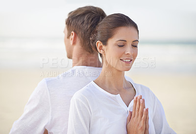 Buy stock photo Couple, yoga and sea with meditation, outdoor and waves on sand in morning with mindfulness in summer. Man, woman and peace for namaste with spiritual growth, balance and zen at beach in Cape Town