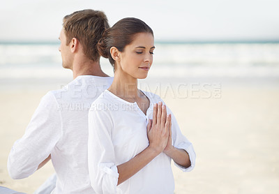 Buy stock photo Couple, yoga and sea with meditation, summer and waves on sand in morning with mindfulness outdoor. Man, woman and peace for namaste with spiritual growth, balance and zen at beach in Cape Town