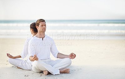 Buy stock photo Couple, yoga and sea with meditation, sand or waves with sitting in morning for mindfulness with space. Man, woman and peace for namaste with spiritual growth, balance and zen at beach in Cape Town