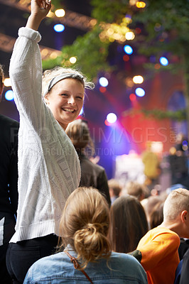 Buy stock photo Woman, dance and celebration at music festival, concert or party for social life, excited and happy portrait. People, audience or crowd and friends in portrait at carnival, event and bokeh for night 